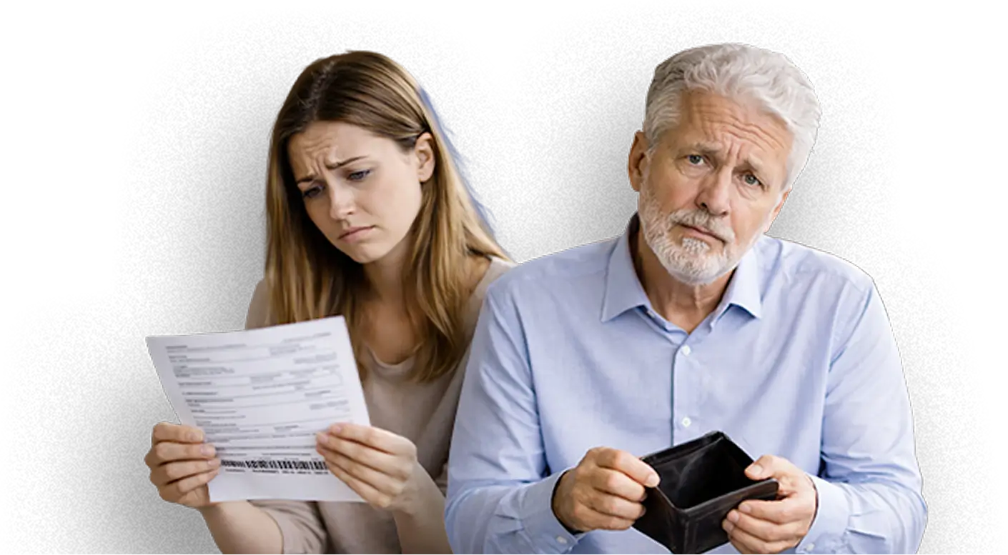Idoso e mulher preocupado com dívidas